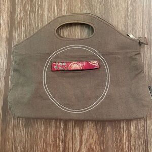 Brown Hand Bag with Maroon Accent and White Stitch